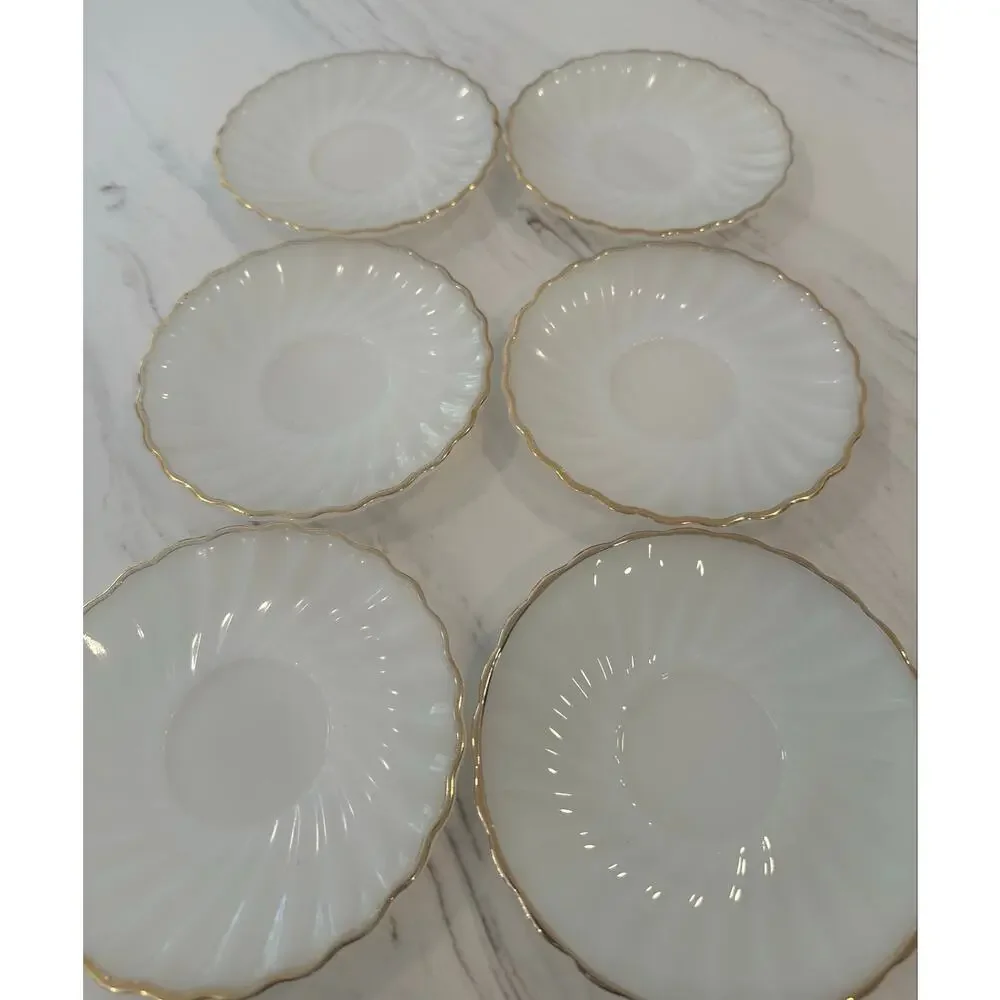 Vintage Anchor Hocking Suburbia Milk Glass Gold Trim Bread Dessert Plates Set 10